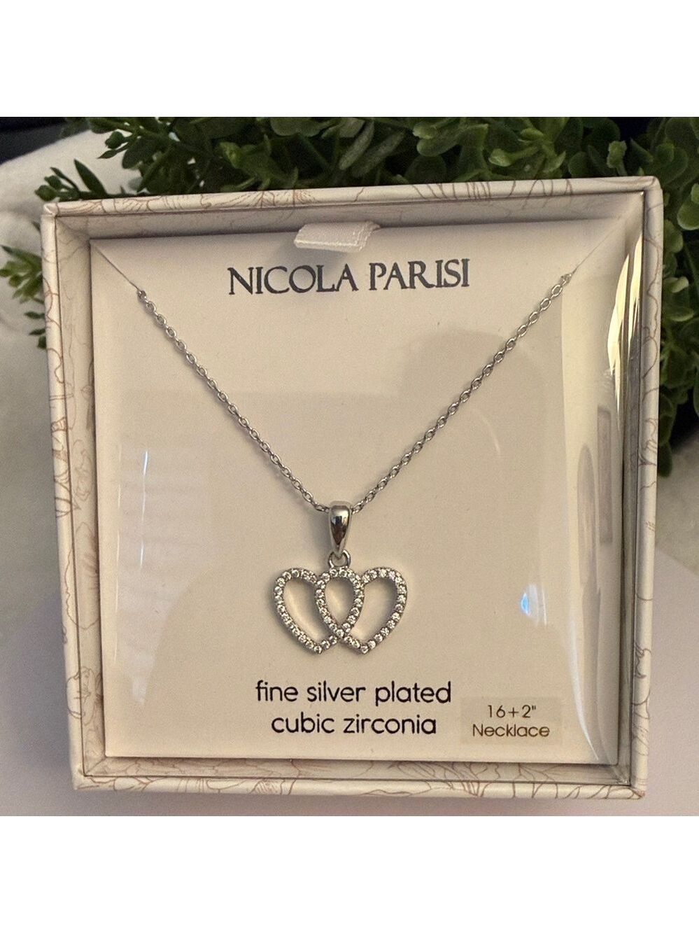 Classic elegant Fine Silver plated Cubic Zirconia Double Heart Women’s Necklace